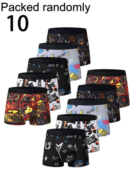 10-Pack Cool Graffiti Men's Boxer Shorts High Elasticity Skin-Friendly Mid-Waist Briefs Casual Youth Men's Underwear Random Styl
