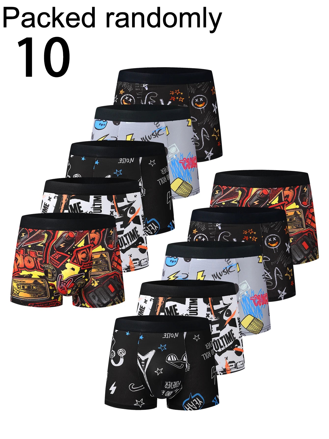 10-Pack Cool Graffiti Men's Boxer Shorts High Elasticity Skin-Friendly Mid-Waist Briefs Casual Youth Men's Underwear Random Styl